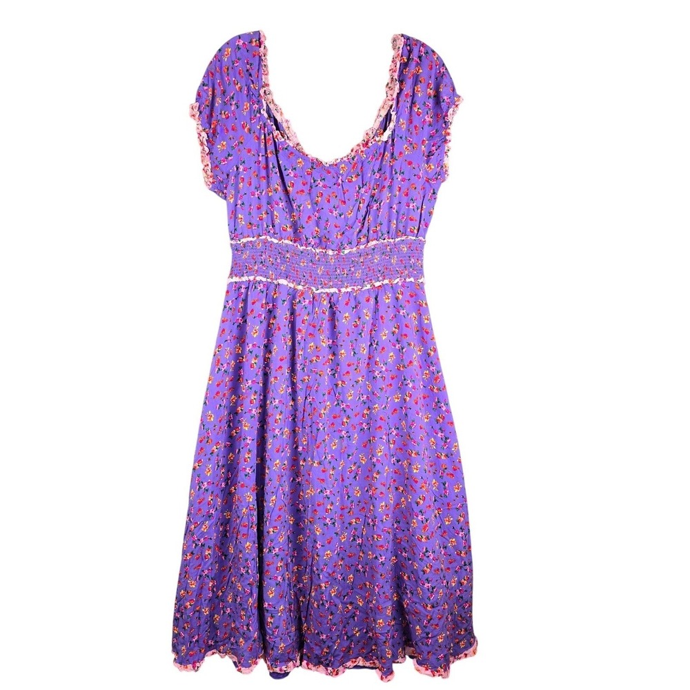 Betsey Johnson Dress Womens XXL Purple Floral Smocked Midi Ruffle Boho Romantic